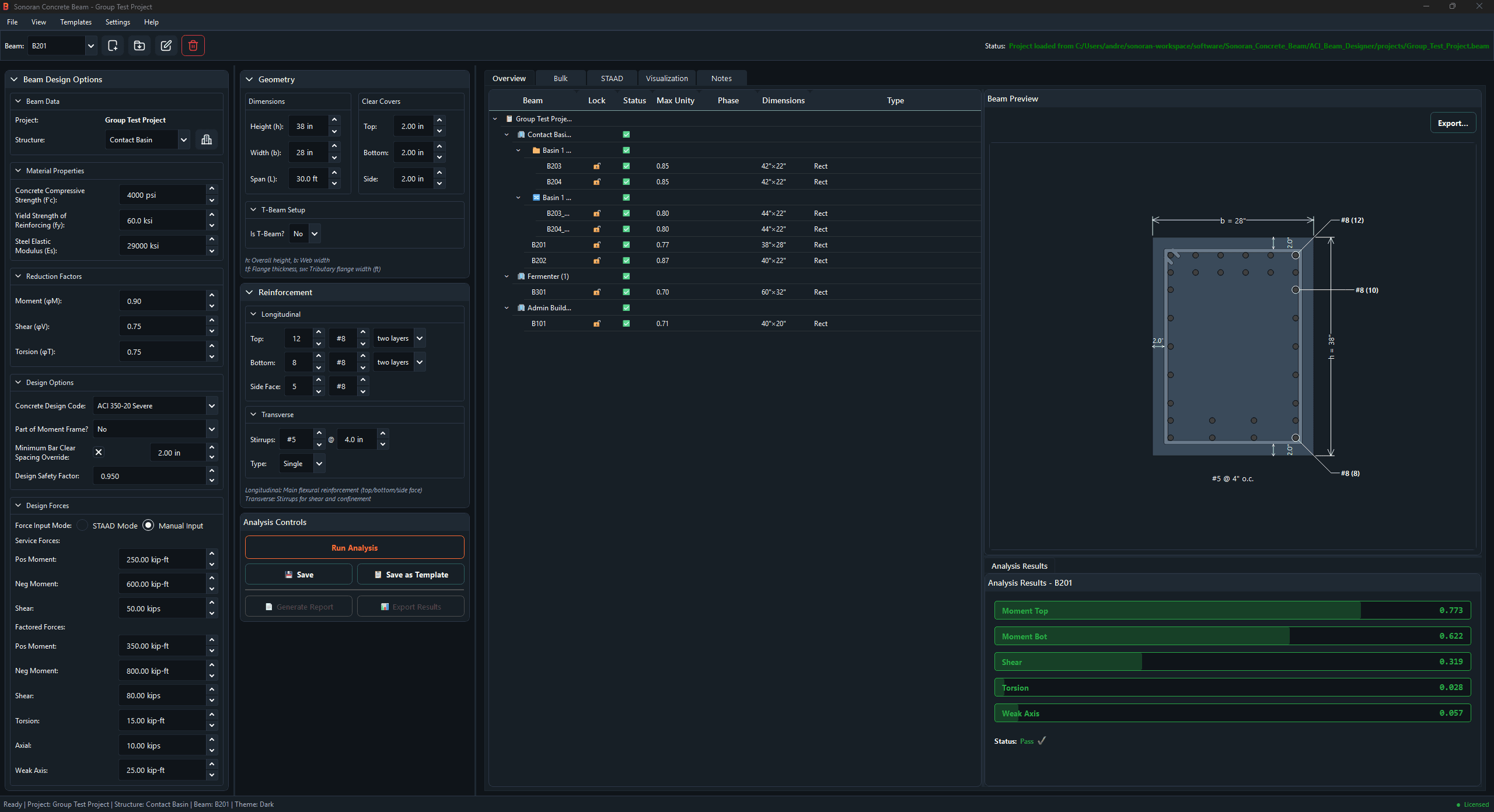 Bulk analysis interface showing 100 beams with comprehensive results table