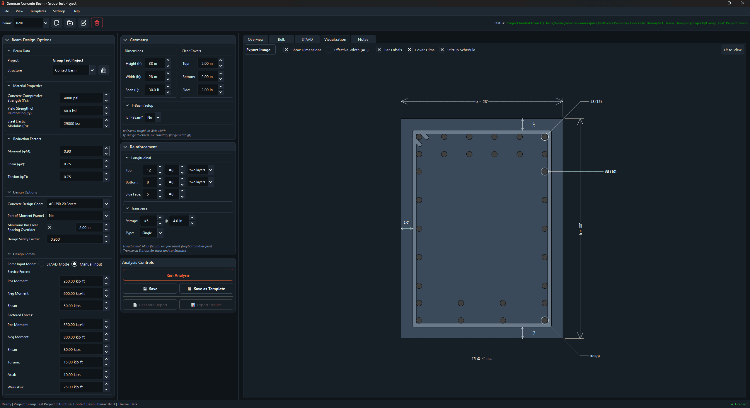 T-beam cross-section visualization with accurate dimensioning and reinforcement layout